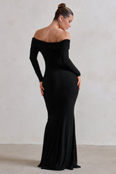 Black Bardot Wrap Ruched Split Maxi Dress